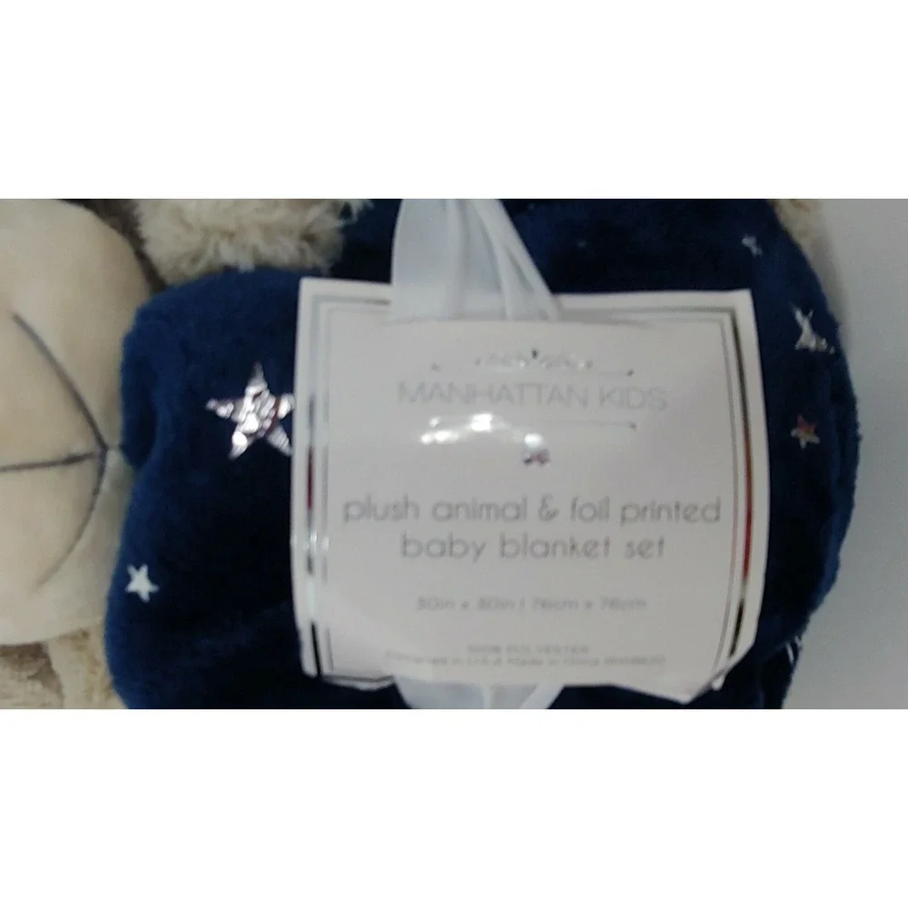 Manhattan Kids plush tan puppy dog holds blue silver stars baby blanket gift set